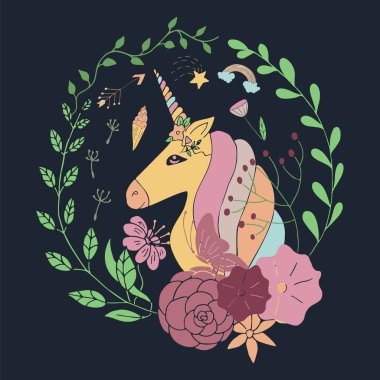 Tek boynuzlu at ile vektör çiçek çelenk. Daire çerçeve.