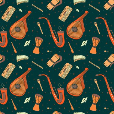 Seamless modeli el geleneksel Slav, çizilmiş Ukraynalı müzik aletleri. Reed boru, bandura, eşiği, sopilka, bandura, pan flüt vb.