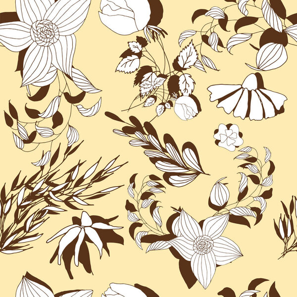 Floral seamless pattern. Hand drawn vintage flowers and leaves. Vector botanical floral set. Coloring book
