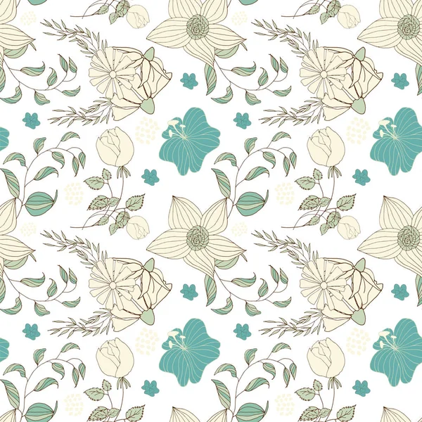 Patrón Sin Costura Floral Flores Hojas Vintage Dibujadas Mano Set — Vector de stock