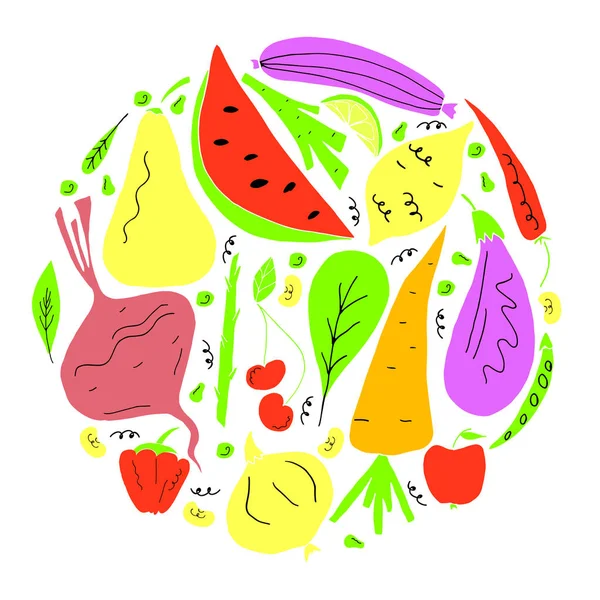 Conjunto Vetorial Frutas Legumes Estilo Desenho Animado Desenhado Mão Conceito — Vetor de Stock