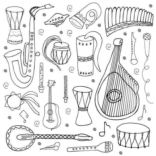 Set of hand drawn traditional Slavic, Ukrainian musical instruments isolated on a white background. Reed pipe, kobza, buhay, sopilka, bandura, pan flute etc.