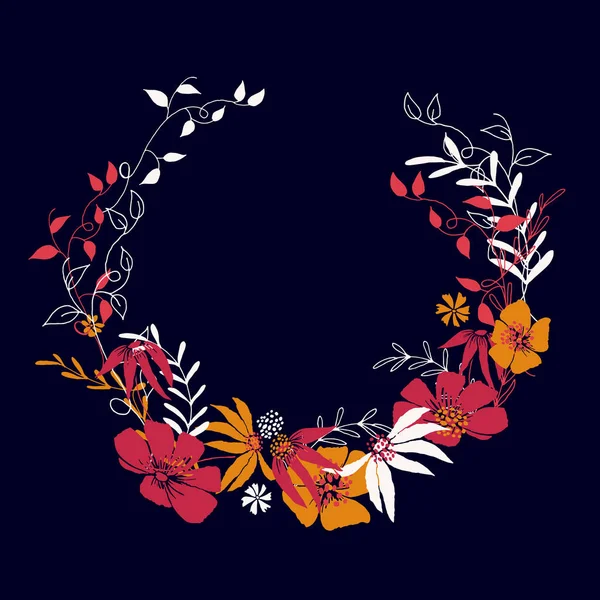 Floral Cirkelframe Met Bladeren Bloemen Vector Frame Sjabloon Voor Ontwerp — Stockvector