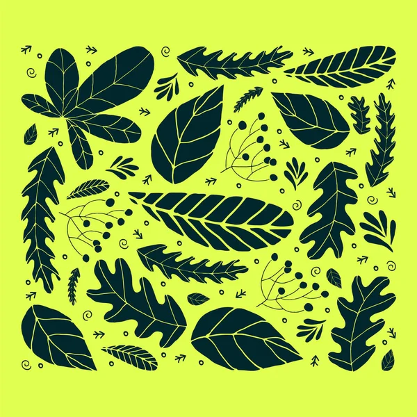 Set Dark Green Leaves Yellow Background Hand Drawn Cute Design — Stock Vector