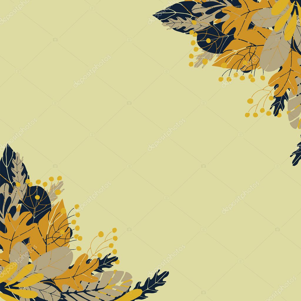 Vector frame with leaves and berries in blue, orange colors
