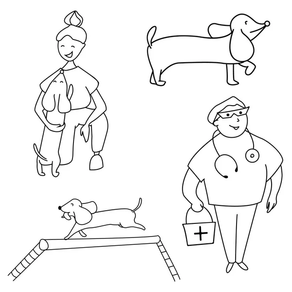 Animais de estimação, proprietário, veterinário e treinamento de cães. Vetor . — Vetor de Stock