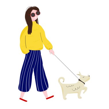 Kadın ile köpek yürüyor. Düz bir stil vektör çizim