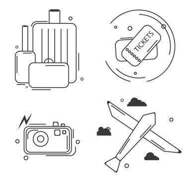Beyaz arka plan üzerinde oluşur ve faaliyetleri ve seyahatler gösterilen doğrusal siyah basit simgeler kümesi.
