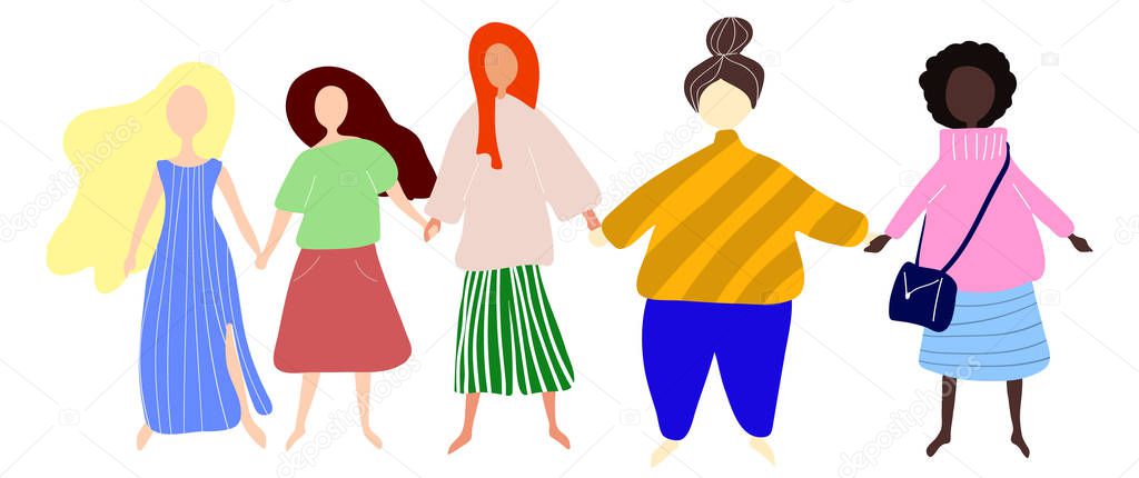 Happy women or girls standing together and holding hands. Group of female friends, union of feminists, sisterhood.