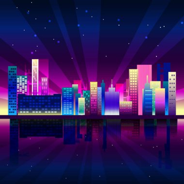 Synthwave tarzında gece neon şehir. Renkli degradeler ile New York kentsel arka plan.