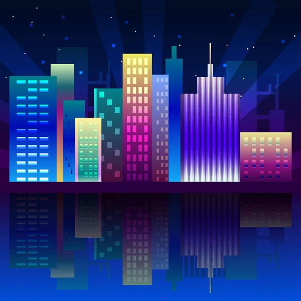 Night neon city in synthwave style. New York urban background with colorful gradients. — Stock Vector