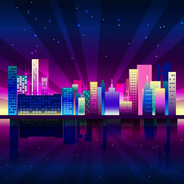 Synthwave スタイルの夜のネオンシティ。カラフルなグラデーションとニューヨークの都市の背景. — ストックベクタ