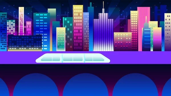 Conceito Hiperloop. Cidade de néon noturno em estilo synthwave. Fundo urbano de Nova York com gradientes coloridos . — Vetor de Stock