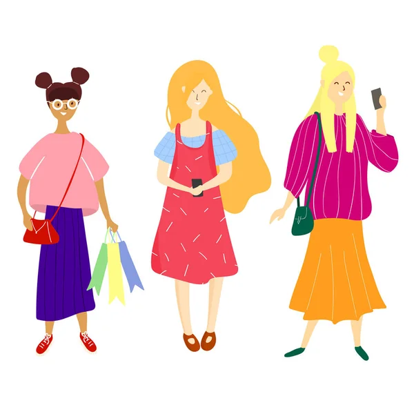 Jovens mulheres segurando smartphones e mensagens de texto, falando, ouvindo música, tirando selfie . — Vetor de Stock