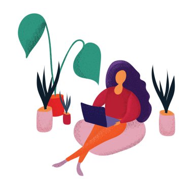 Bir sandalyede oturan ve bir laptop kullanarak kız. İş kavramı, yaratıcı süreç. Çalışma alanı. Karikatür el çizilmiş tarzı vektör Illustration.