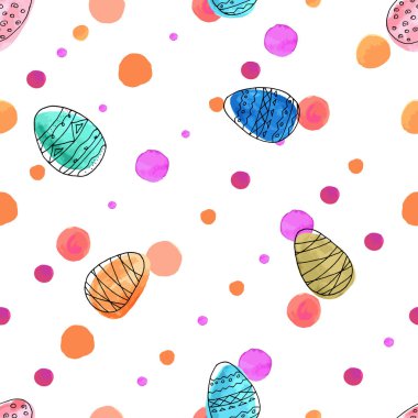 Dikişsiz vektör deseni. Beyaz bir arka planda suluboya tarzında çok renkli süs yumurtaları ve daireler. Yüzey deseni.