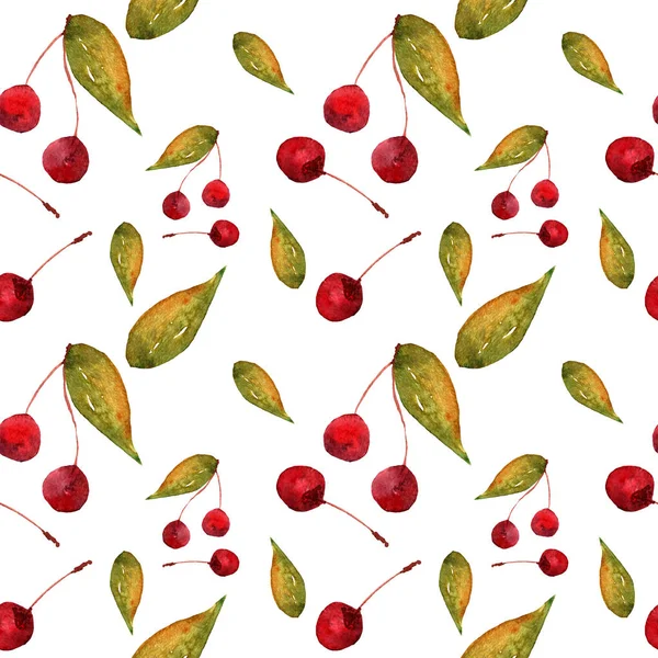 Watercolor Cherries Leaves White Background Seamless Repeat Pattern — Stock Photo, Image