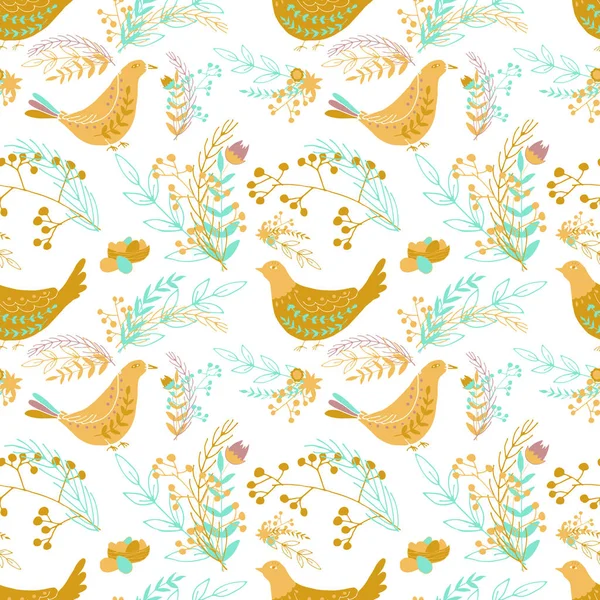 Happy Easter Seamless Pattern Leaves Flowers Hens Eggs Vector Hand — Stock Vector