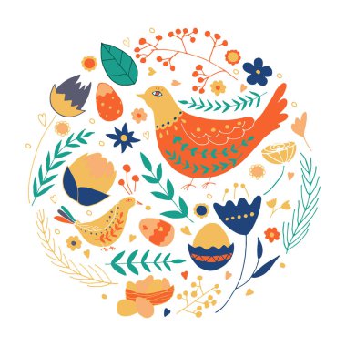 Paskalya öğeleri bir dairede. Çocuk poster. Easter illüstrasyon vektör.