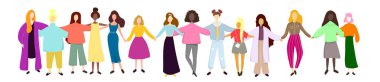 Birlikte ayakta ve elele kadın grubu. Feministler, kız kardeş fikirli. Kız güç kavramı. Vektör çizim.