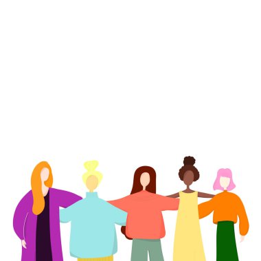 Birlikte ayakta ve elele kadın grubu. Feministler, kız kardeş fikirli. Kız güç kavramı. Vektör çizim.
