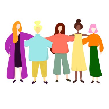 Birlikte ayakta ve elele kadın grubu. Feministler, kız kardeş fikirli. Kız güç kavramı. Vektör çizim.