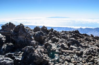 Lav araziyi Atlantik Okyanusu ile La Gomera ada için volkan Teide, Teide Milli Parkı, Tenerife, Kanarya Adaları, İspanya en Üstten Görünüm