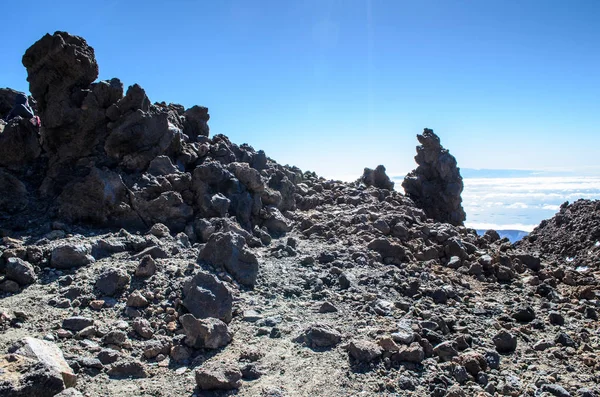 Widok Pola Lawy Oceanie Wyspę Gomera Szczytu Wulkanu Teide Park — Zdjęcie stockowe