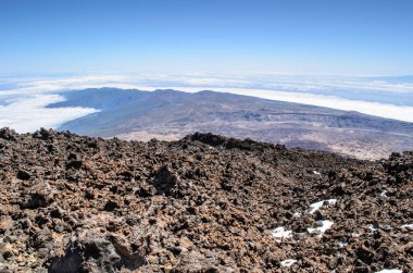 Lav araziyi Atlantik Okyanusu ile La Gomera ada için volkan Teide, Teide Milli Parkı, Tenerife, Kanarya Adaları, İspanya en Üstten Görünüm