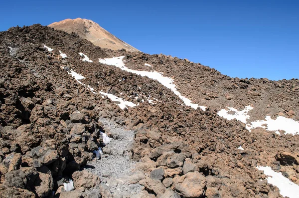 Vulkanische Lavalandschap Langs Het Bergpad Aan Bovenkant Van Vulkaan Teide — Stockfoto