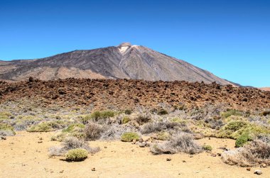 Mirador Llano de Ucanca gözlem güvertesi, Teide Ulusal Parkı, Tenerife, Kanarya Adaları, Ispanya 'dan Teide lav alanı arasında bir görünüm