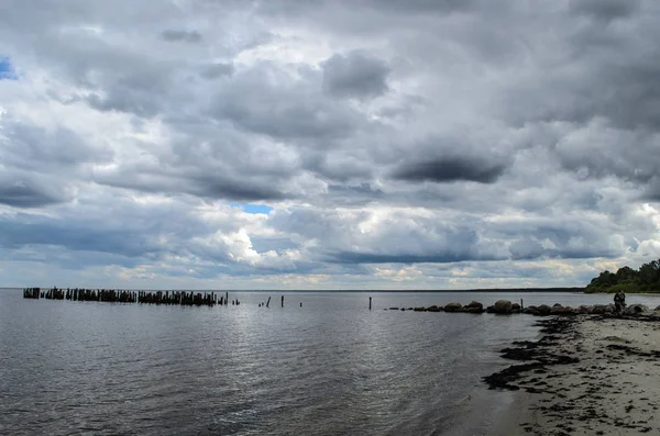 Widok starych posterunków falochron na plaży, lapmezciems, Riga Bay, — Zdjęcie stockowe