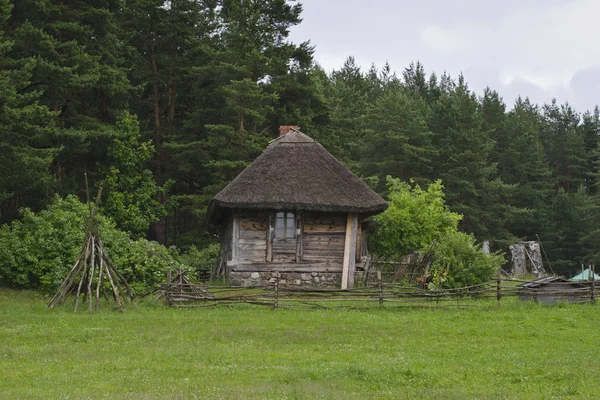 Ancienne maison en bois avec toit en roseau — Photo