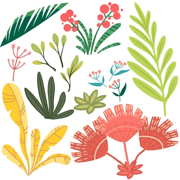 Conjunto Vectorial Brillantes Elementos Florales Estilizados Ramas Hojas Bayas Para — Vector de stock