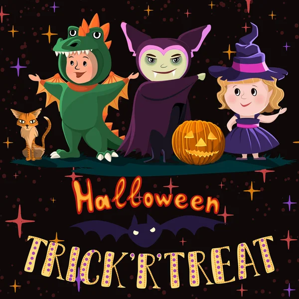 Affiche Halloween Avec Des Enfants Costumes Sorcière Dragon Vampire Trick — Image vectorielle