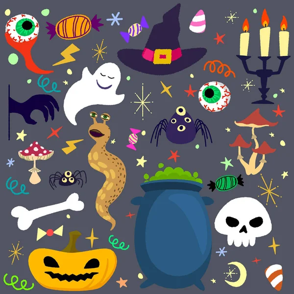 Elementos Halloween Listos Ilustración Dibujos Animados Vectoriales Con Líneas Aproximadas — Archivo Imágenes Vectoriales