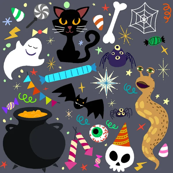 Conjunto Elementos Halloween Ilustração Desenho Animado Vetorial Com Linhas Ásperas — Vetor de Stock