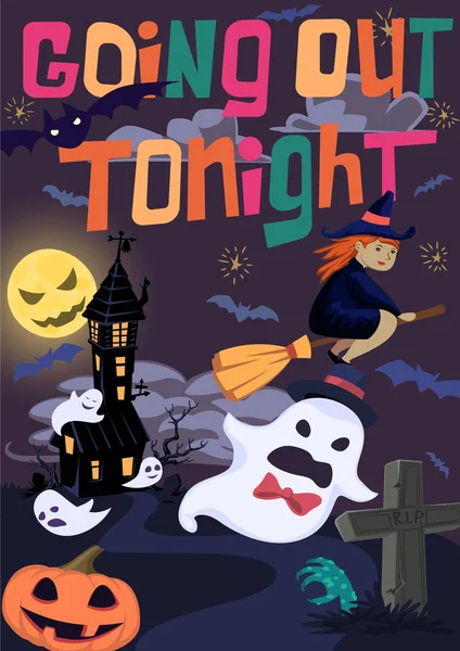 Affiche Halloween Avec Sorcière Chauves Souris Fantôme Volant Hors Maison — Image vectorielle