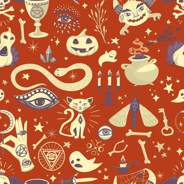 Vintage Halloween Seamless Pattern Magic Elements Vector Design Wrapping Papers — Stock Vector