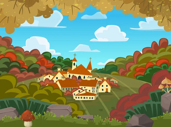 秋天的向量风景与小村庄在小山 向量动画片例证 — 图库矢量图片