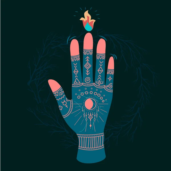 ボヘミアン スタイルの神聖なシンボルの華やかな手 手描きの背景イラスト — ストックベクタ