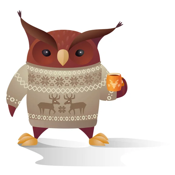 Vector Brown Owl Character Warm Sweater Cup Tea — Stock Vector