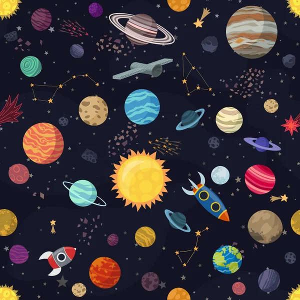 Espacio Sin Costuras Cartón Con Planetas Naves Espaciales Ilustración Vectorial — Vector de stock