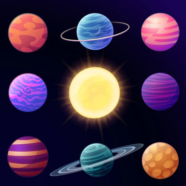 Conjunto Dibujos Animados Planetas Brillantes Elementos Espaciales Ilustración Vectorial — Vector de stock