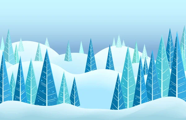 Vector Horizontale Winterlandschap Met Sneeuw Bedekte Heuvels Driehoek Naaldbomen Cartoon — Stockvector
