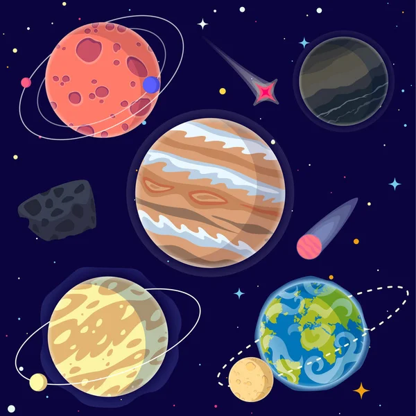 Conjunto Planetas Dibujos Animados Elementos Espaciales Incluyendo Tierra Luna Júpiter — Archivo Imágenes Vectoriales