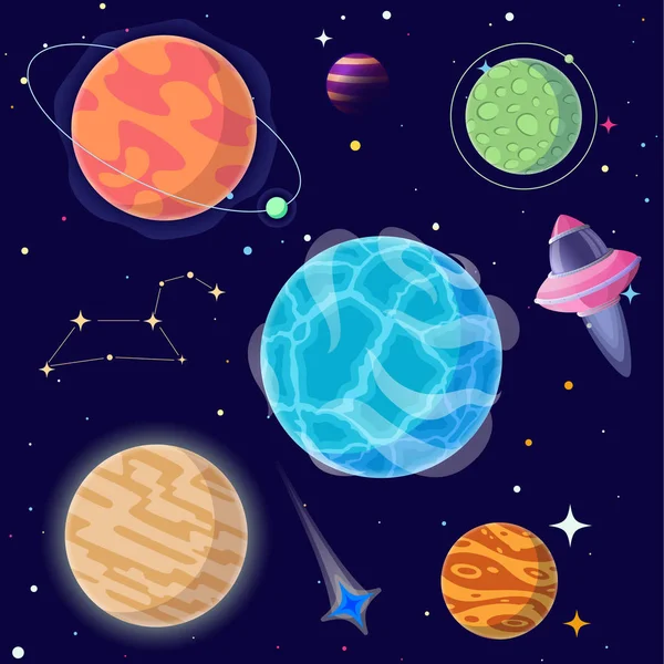 Conjunto Planetas Dibujos Animados Elementos Espaciales Ilustración Vectorial — Archivo Imágenes Vectoriales