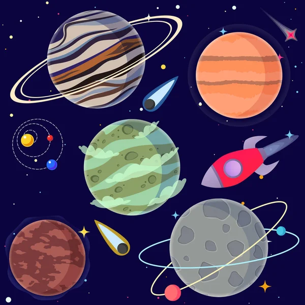 Reihe Von Cartoon Planeten Und Weltraumelementen Vektorillustration — Stockvektor