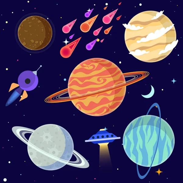 Conjunto Planetas Desenhos Animados Elementos Espaciais Ilustração Vetorial — Vetor de Stock