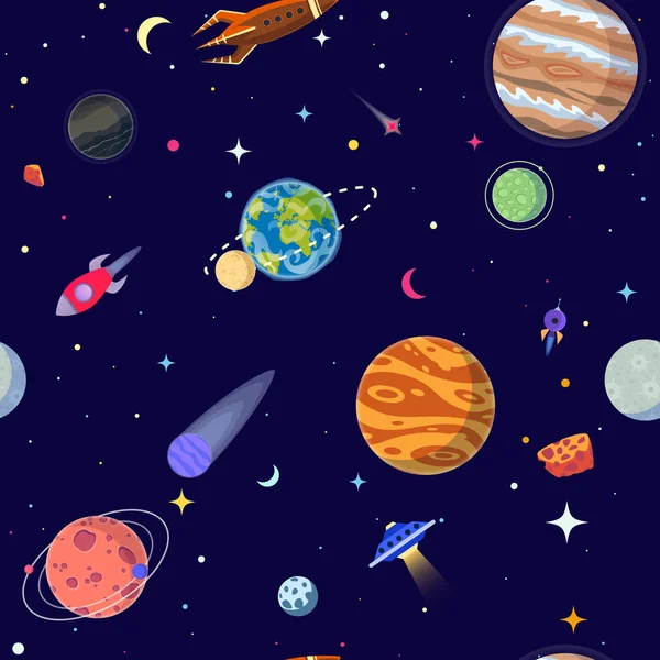 Varrat Nélküli Mintát Bolygók Nyílt Űrben Vektoros Illusztráció Rajzfilm Stílusú — Stock Vector